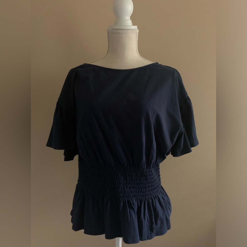 Blue Peplum Short Sleeve Top Shirt - Picture 2 of 9